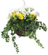 Artificial Yellow and White Pansy and Geranium Display in a 14" Round Willow Hanging Basket